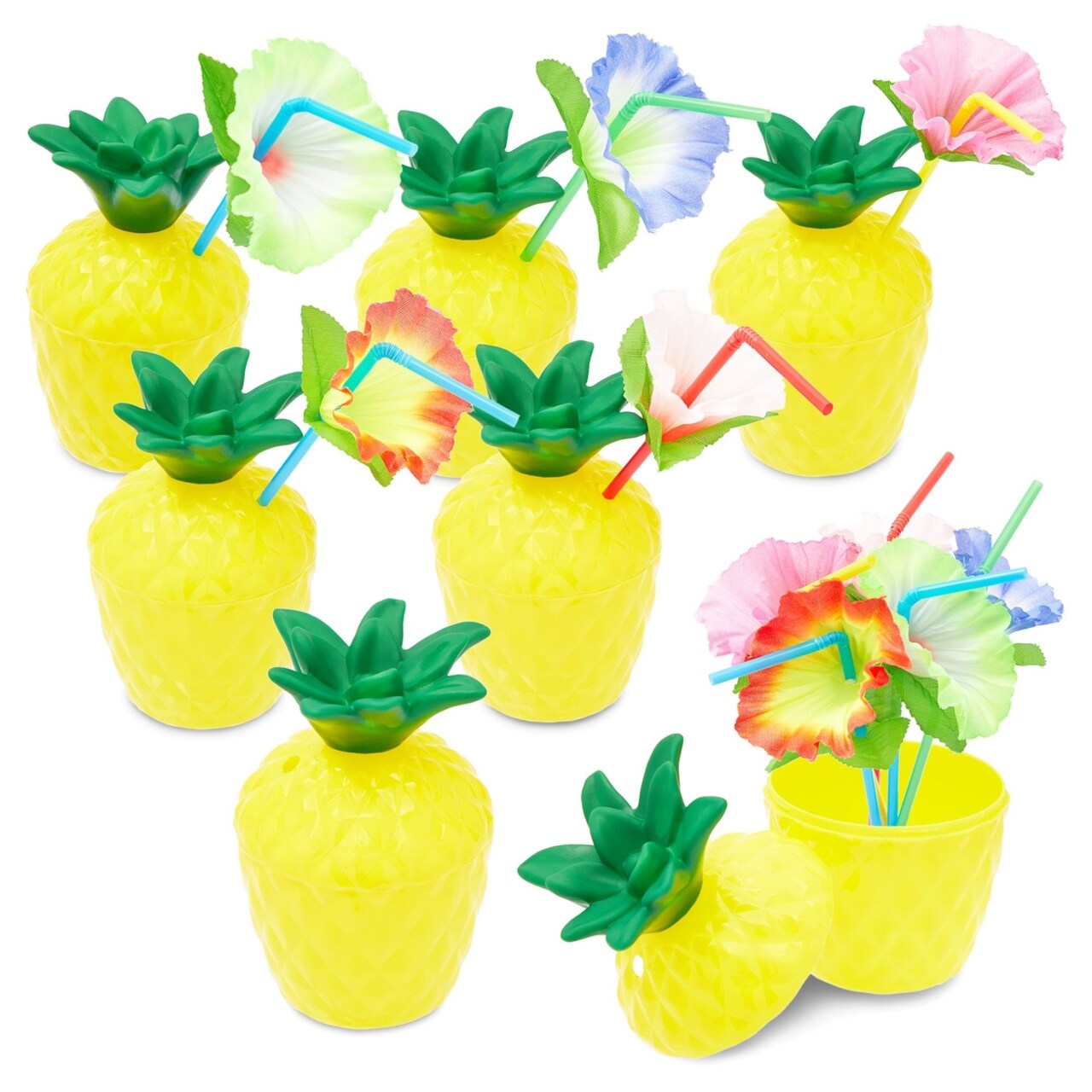 Plastic Pineapple Cups with Lids and Straws for Hawaiian Party (10 oz, 12 Pack)